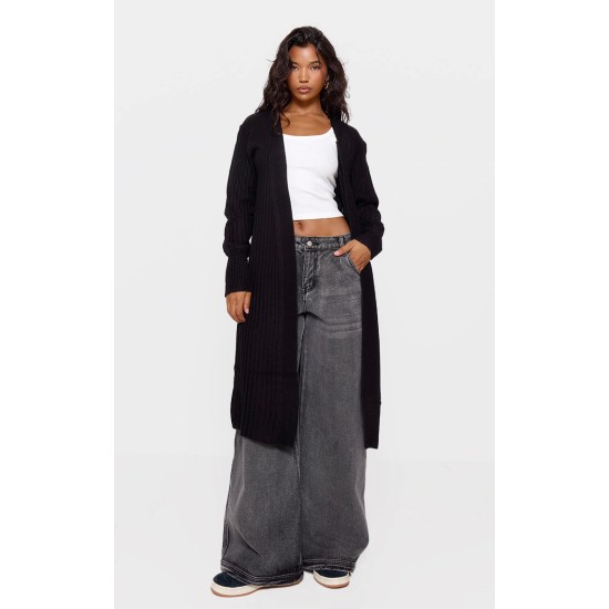 Black Ribbed Knitted Midi Cardigan