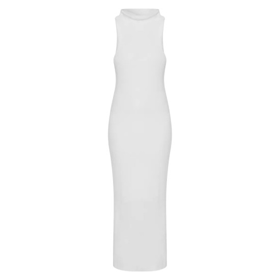 White Funnel Neck Super Soft Knit Maxi Dress