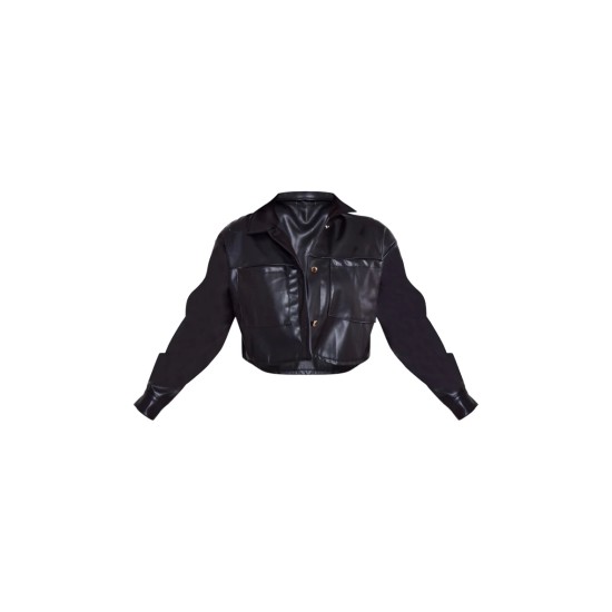 Black Faux Leather Pocket Detail Oversized Cropped Jacket Black Faux Leather Pocket Detail Oversized Cropped Jacket