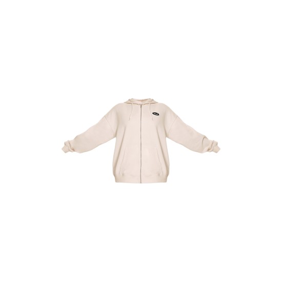 PRETTYLITTLETHING Cream Contrast Logo Badge Oversized Zip Through Hoodie PRETTYLITTLETHING Cream Contrast Logo Badge Oversized Zip Through Hoodie