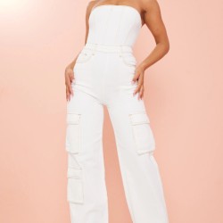 Ecru Contrast Stitch Cargo Pocket Bandeau Denim Jumpsuit