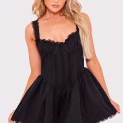 Black Woven Lace Detail Strappy Romper